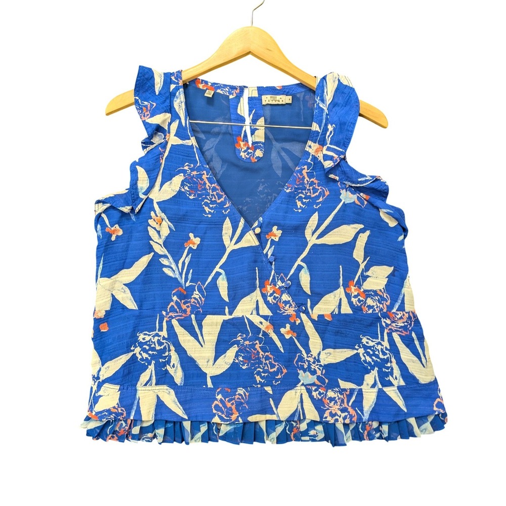 Tanya Taylor Blue Floral 100% Silk Ruffle Peplum Sleeveless‎ Top Size 8 Pleated